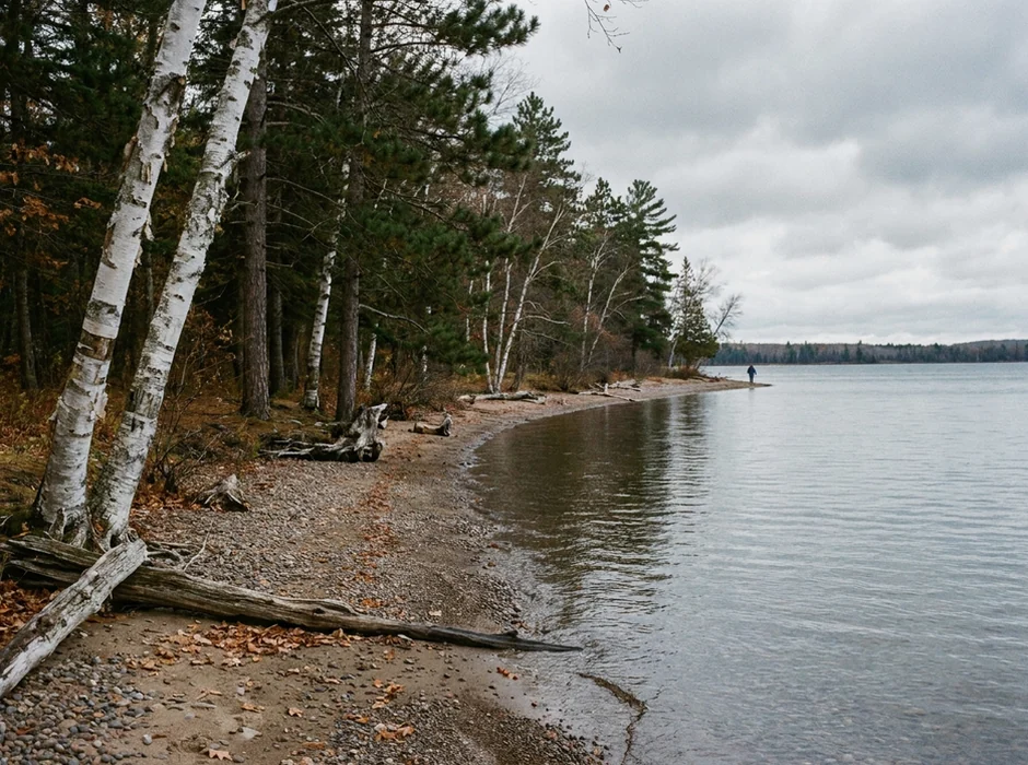Lakeshore with birches and pines under overcast sky.