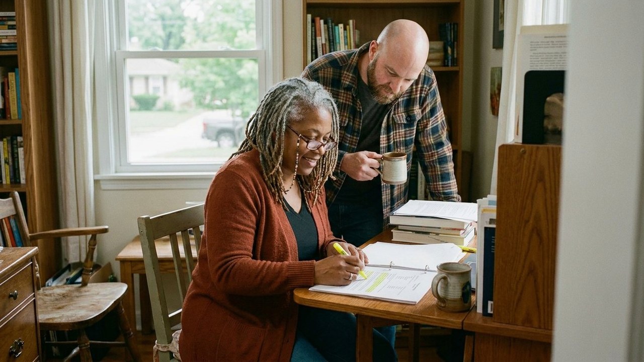 Teacher highlighting a contract at a home desk as husband looks on