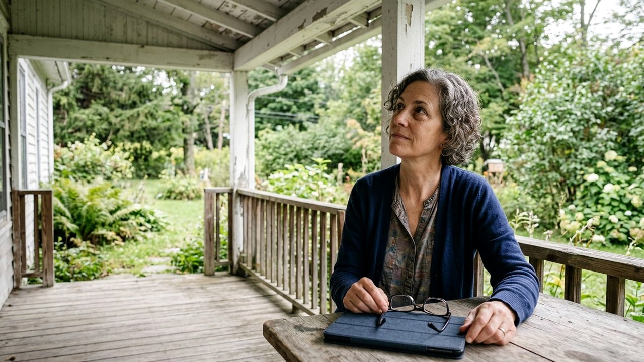 Woman at porch table looking up at worn porch roof