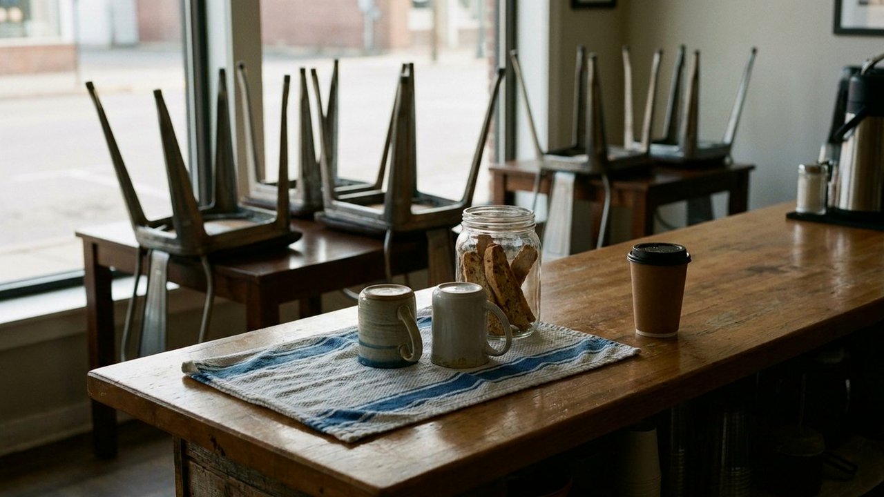 Empty coffee shop counter at dawn with mugs and pastry jar