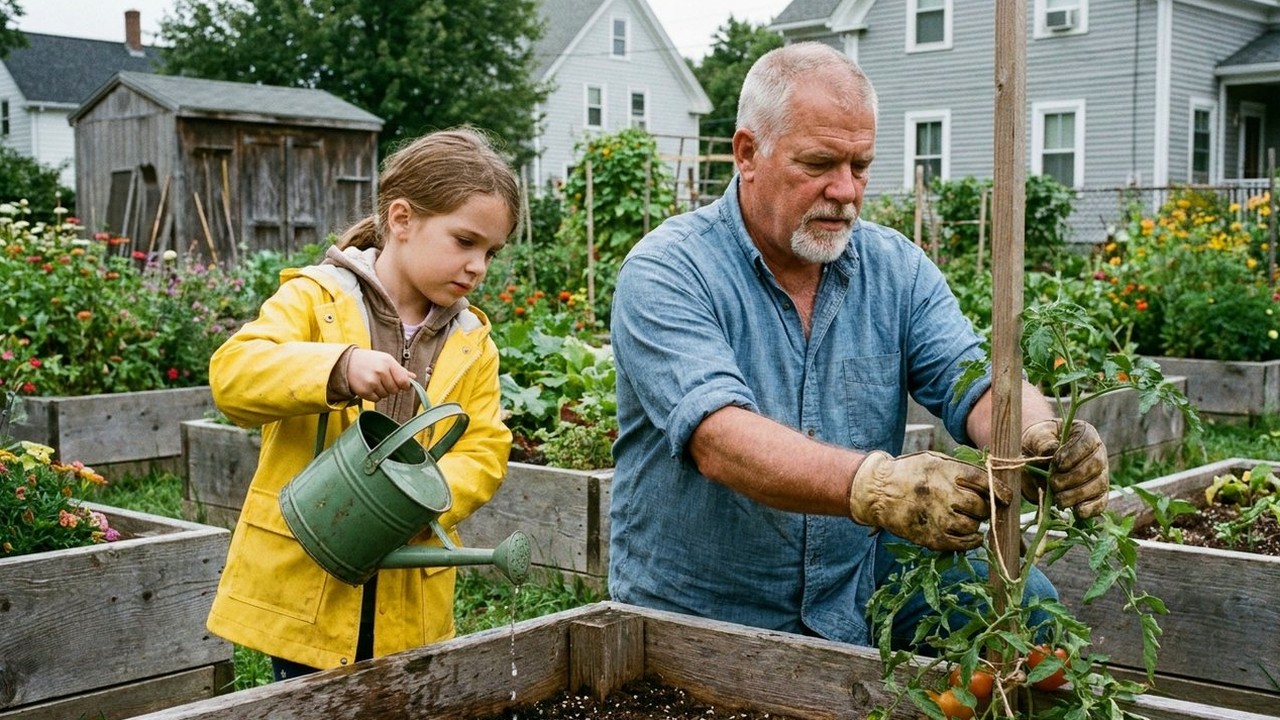 Gray-bearded man and granddaughter tending two raised community garden beds