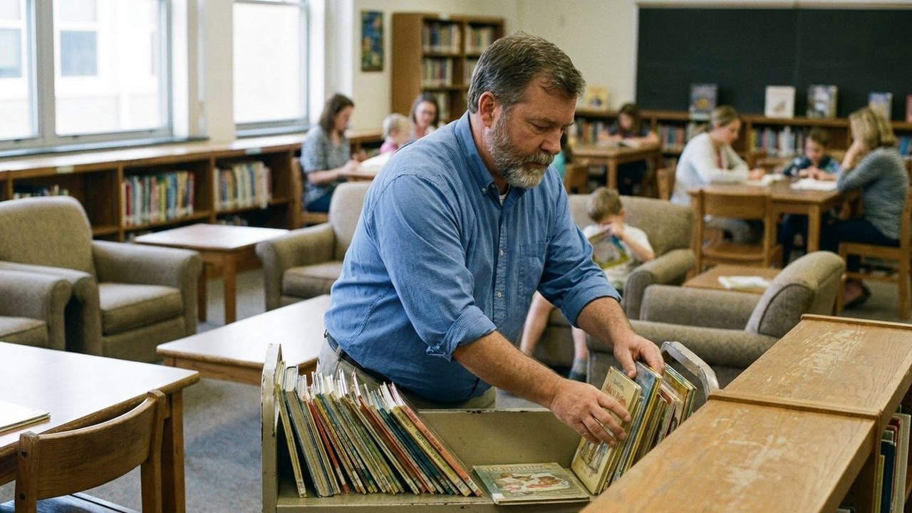 Principal in his fifties reshelving picture books in school library