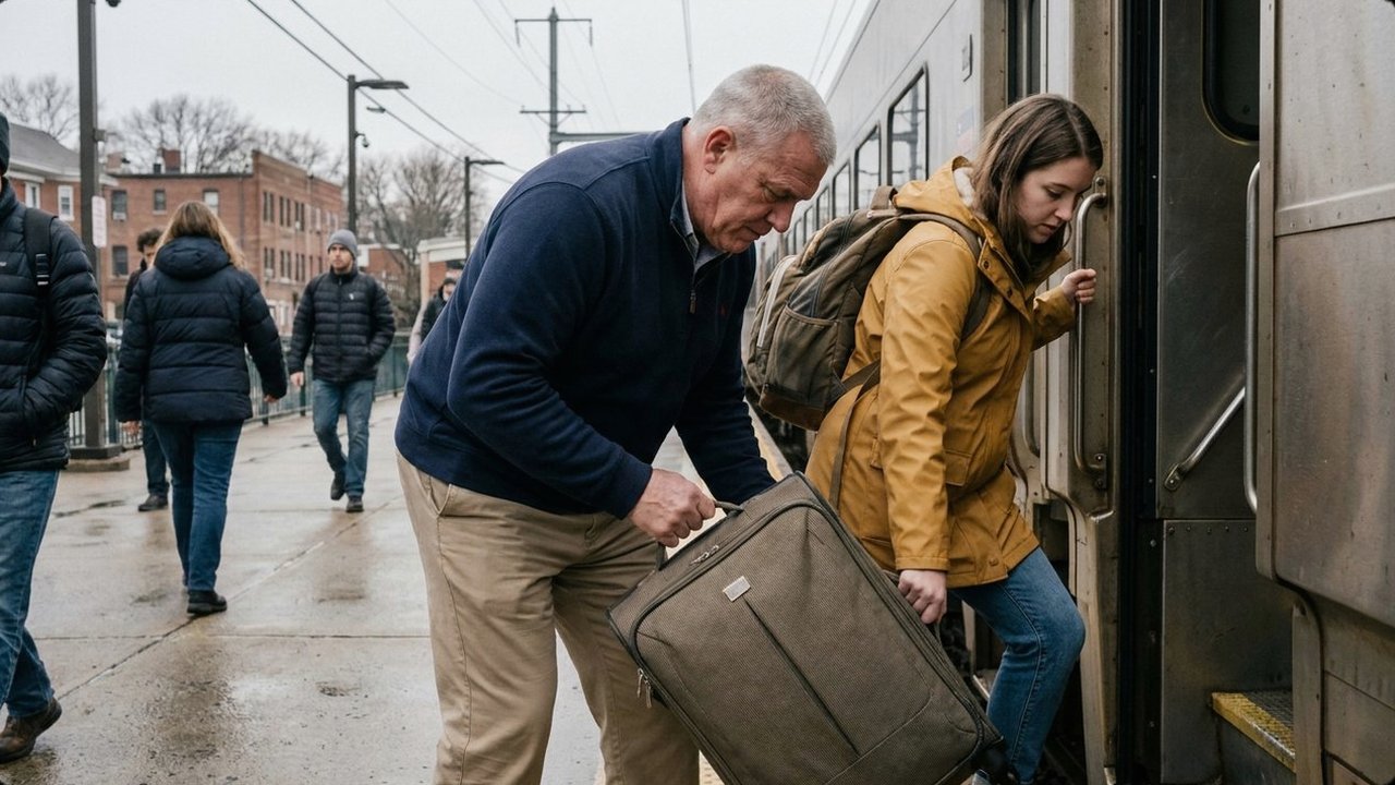 Gray-haired principal helping his daughter lift a suitcase onto a train