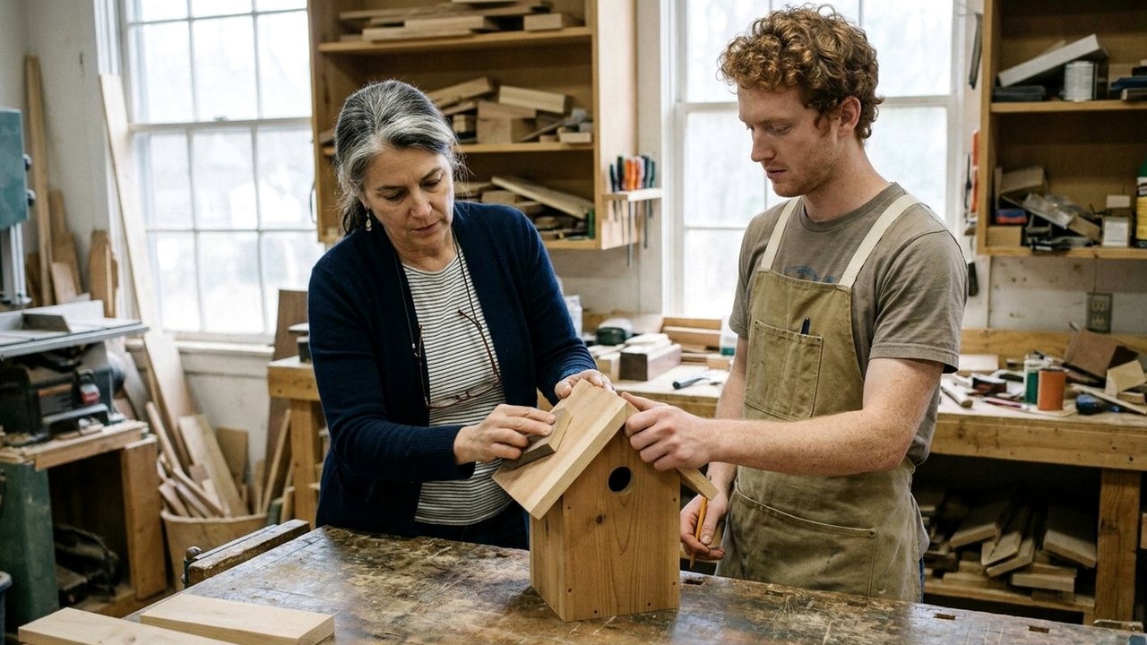 Teacher in her fifties sanding a birdhouse beside younger colleague