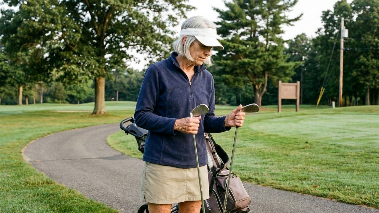 Woman in her fifties choosing between two clubs on a golf path