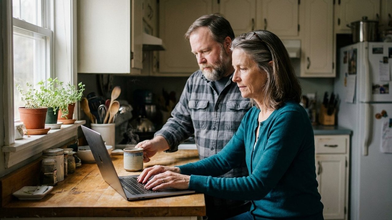 Teacher in her fifties at a kitchen laptop, husband bringing tea