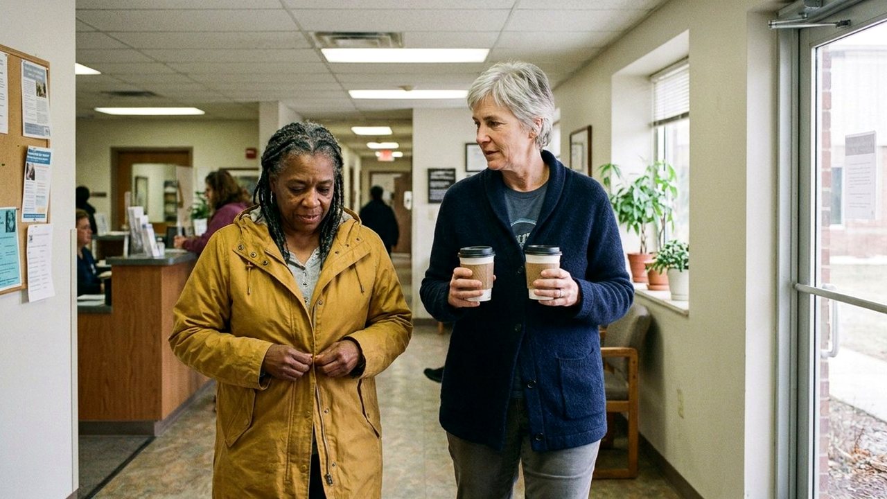Two women in their fifties walking down a clinic hallway