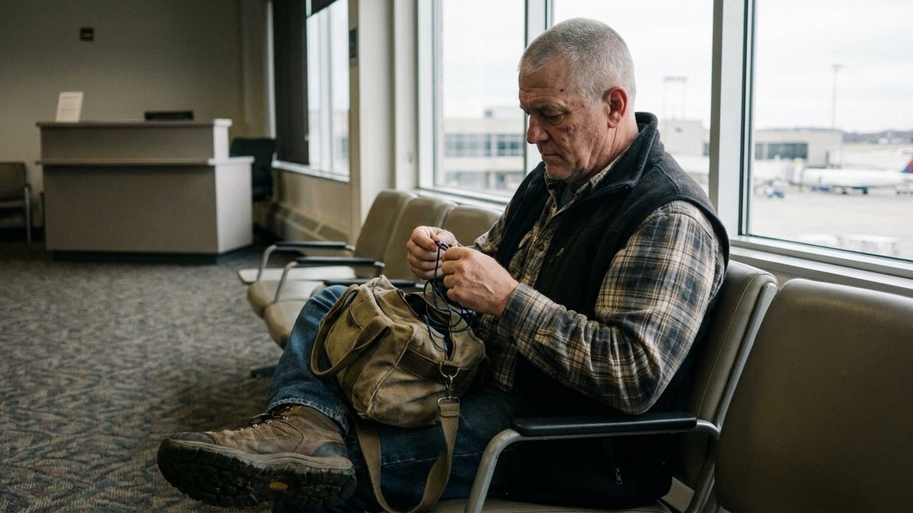 Man in his fifties winding headphone cord at an airport gate