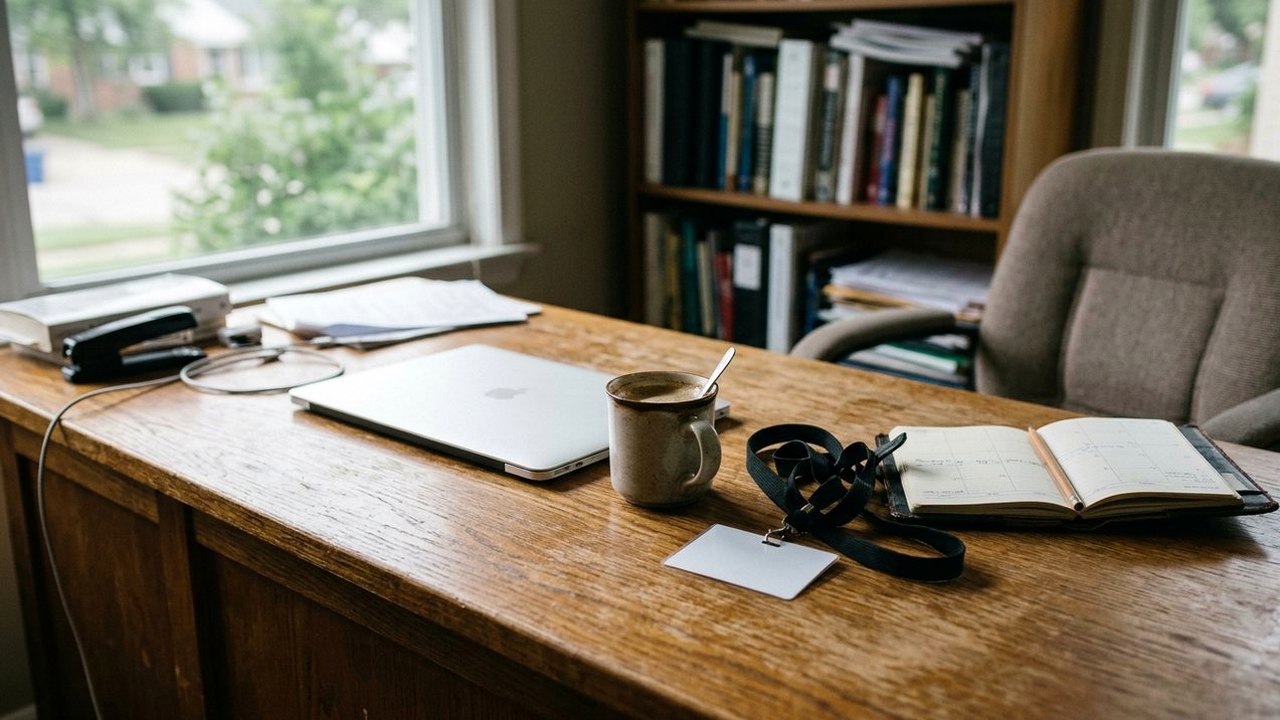 Home office desk with closed laptop, coffee mug and school lanyard