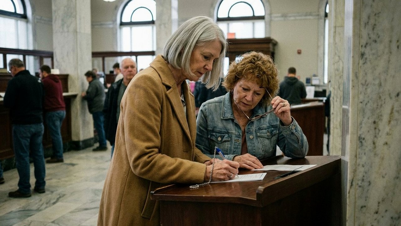 Two women in their fifties at a bank lobby writing counter