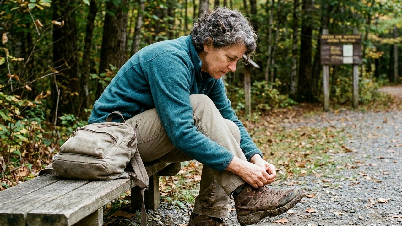 Woman in her fifties lacing hiking boots at a wooded trailhead