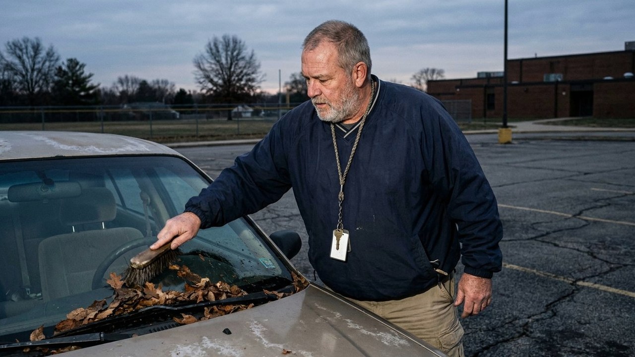 Gray-bearded man clearing leaves off his car in empty school lot